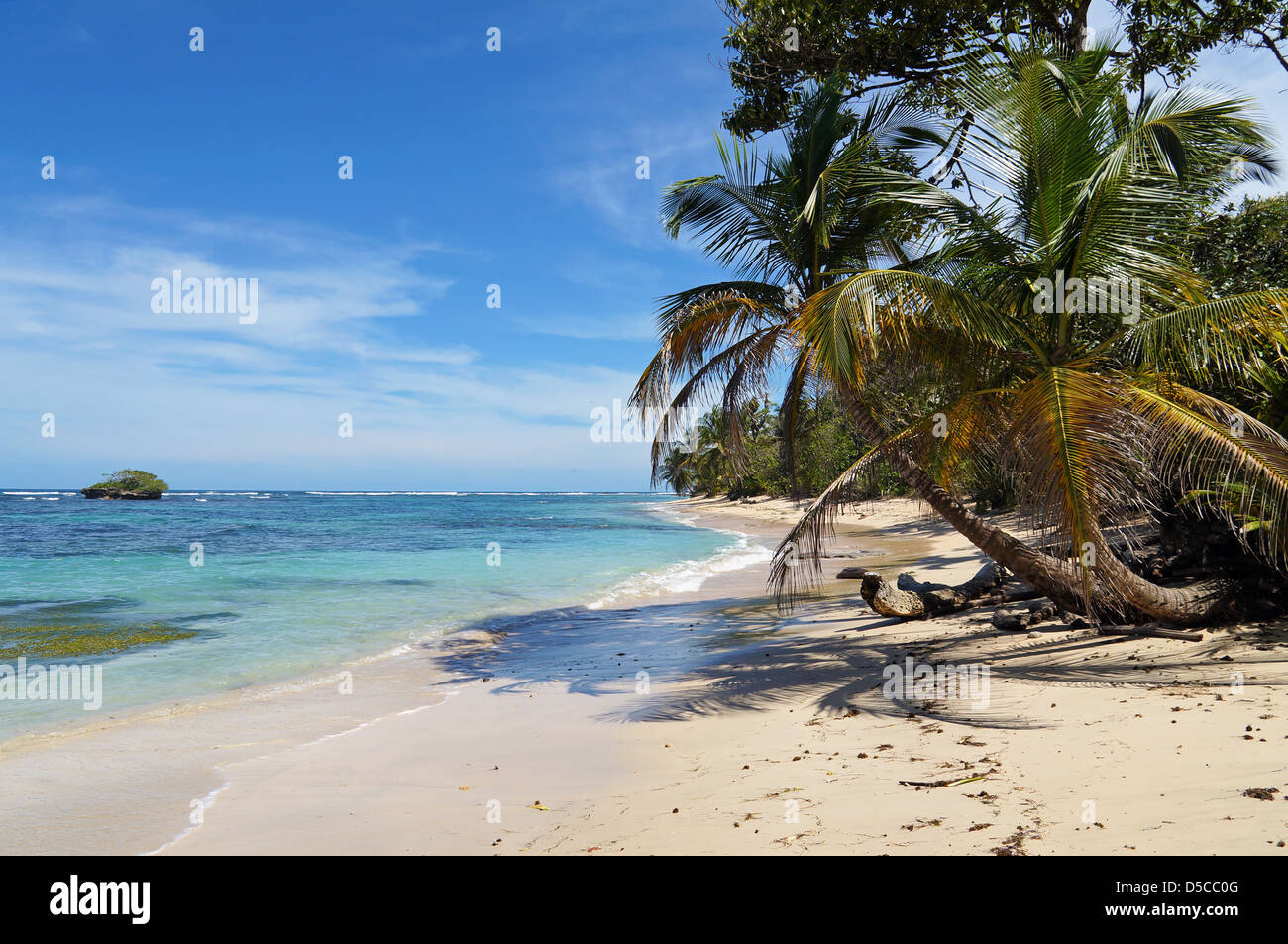 Tropical selvaggia spiaggia di sabbia con un isolotto, palme da cocco e acque turchesi Foto Stock