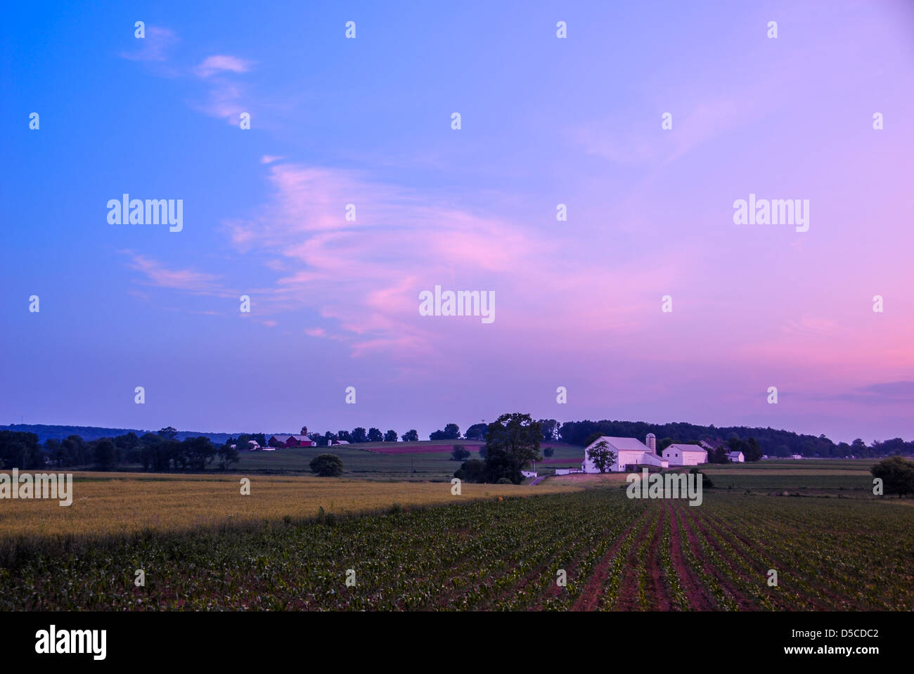 I colori del tramonto forniscono l'ultima luce della sera su terreni agricoli Amish di Lancaster County, Pennsylvania, USA. Foto Stock