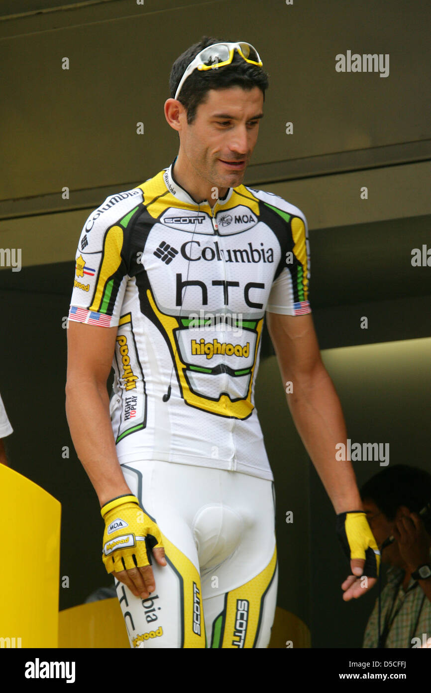 HTC Rider George HINCAPIE all'inizio del 2009 Tour de France tappa a Girona, Spagna Foto Stock