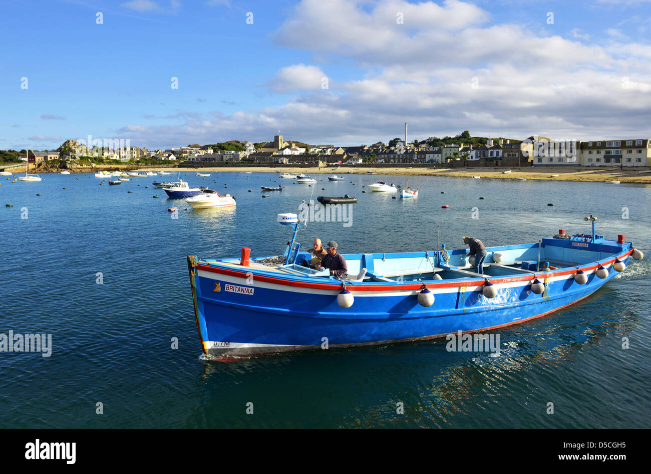 Il porto e la spiaggia di Hugh Town, St Mary, isole Scilly, Gran Bretagna. Foto Stock