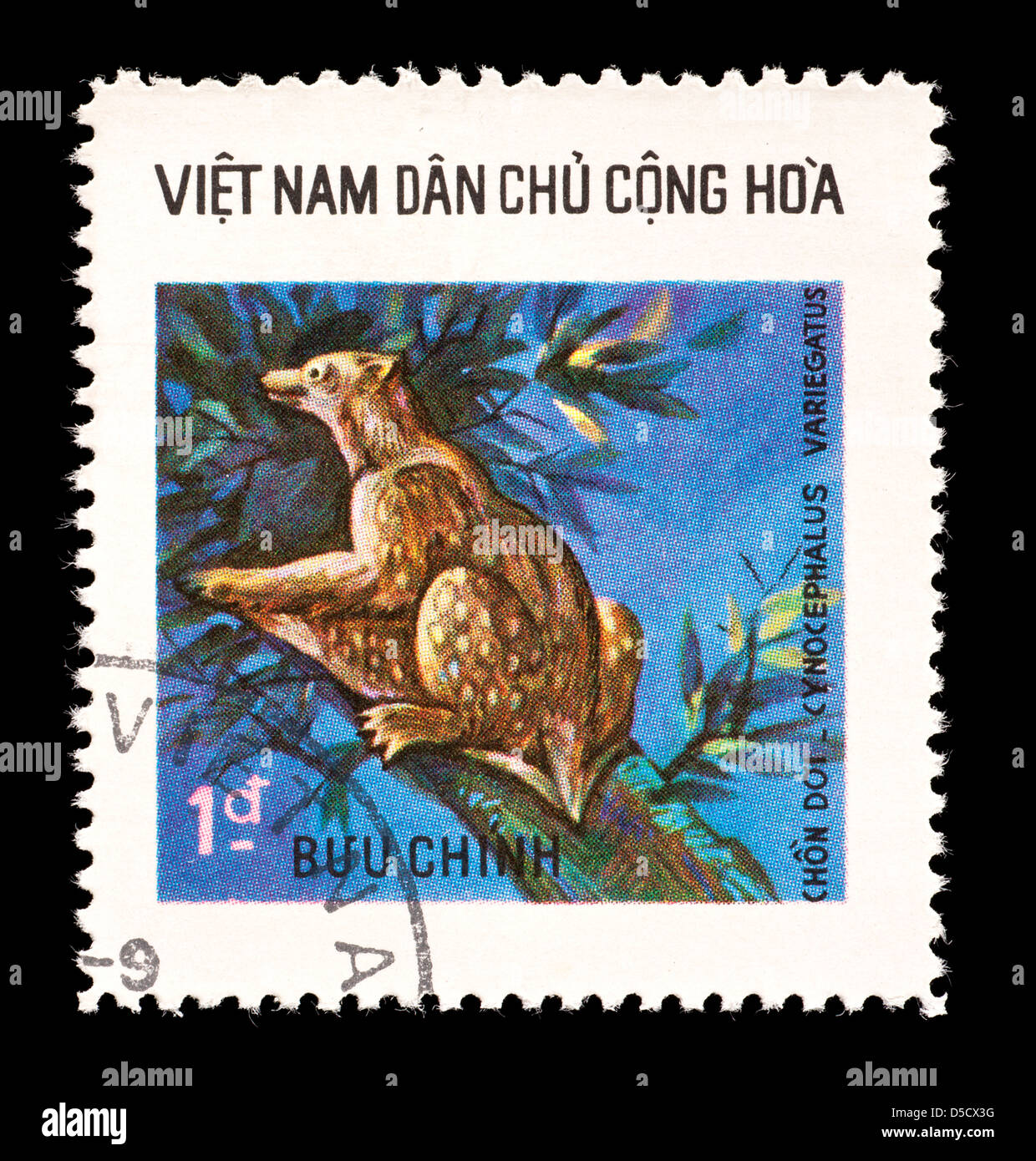 Francobollo dal Vietnam raffigurante un Sunda lemuri volanti (Cynocephalus variegatus). Foto Stock