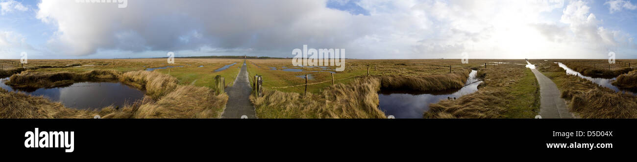 Sankt Peter-Ording, Germania, 380-grado veduta panoramica sulle barene nel Parco Nazionale di Schleswig-Holstein il Wadden Sea Foto Stock