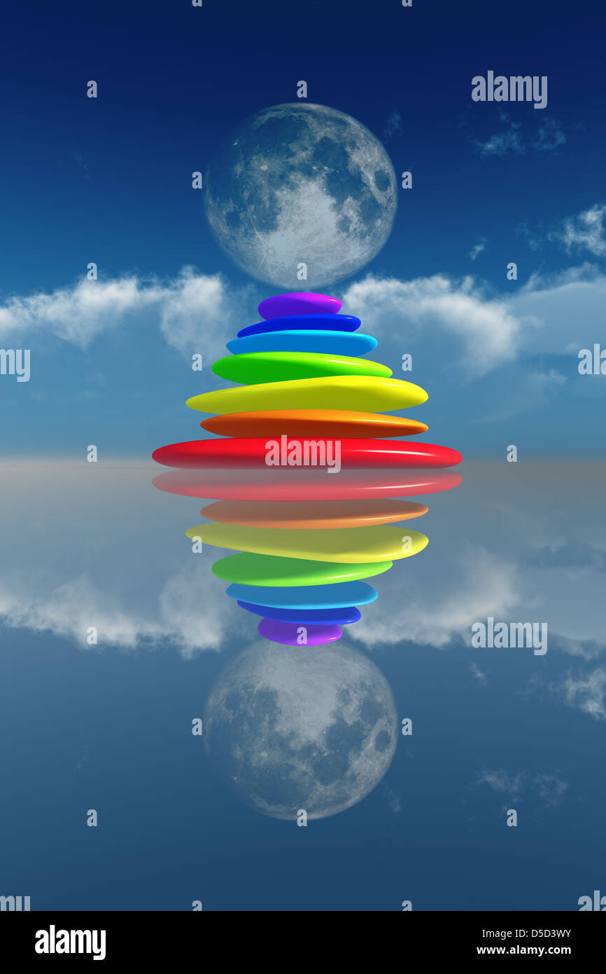 Rainbow impilati con pietre colorate al chiaro di luna in acqua con riflessi. Gli elementi di questa immagine fornita dalla NASA Foto Stock