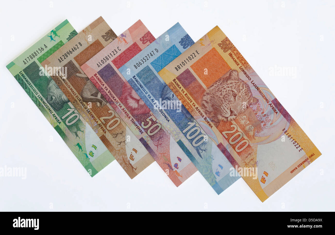 South African banconote - lanciato Novembre 2012 mostra Nelson Mandela e un grande cinque tema animale sul lato retromarcia Foto Stock