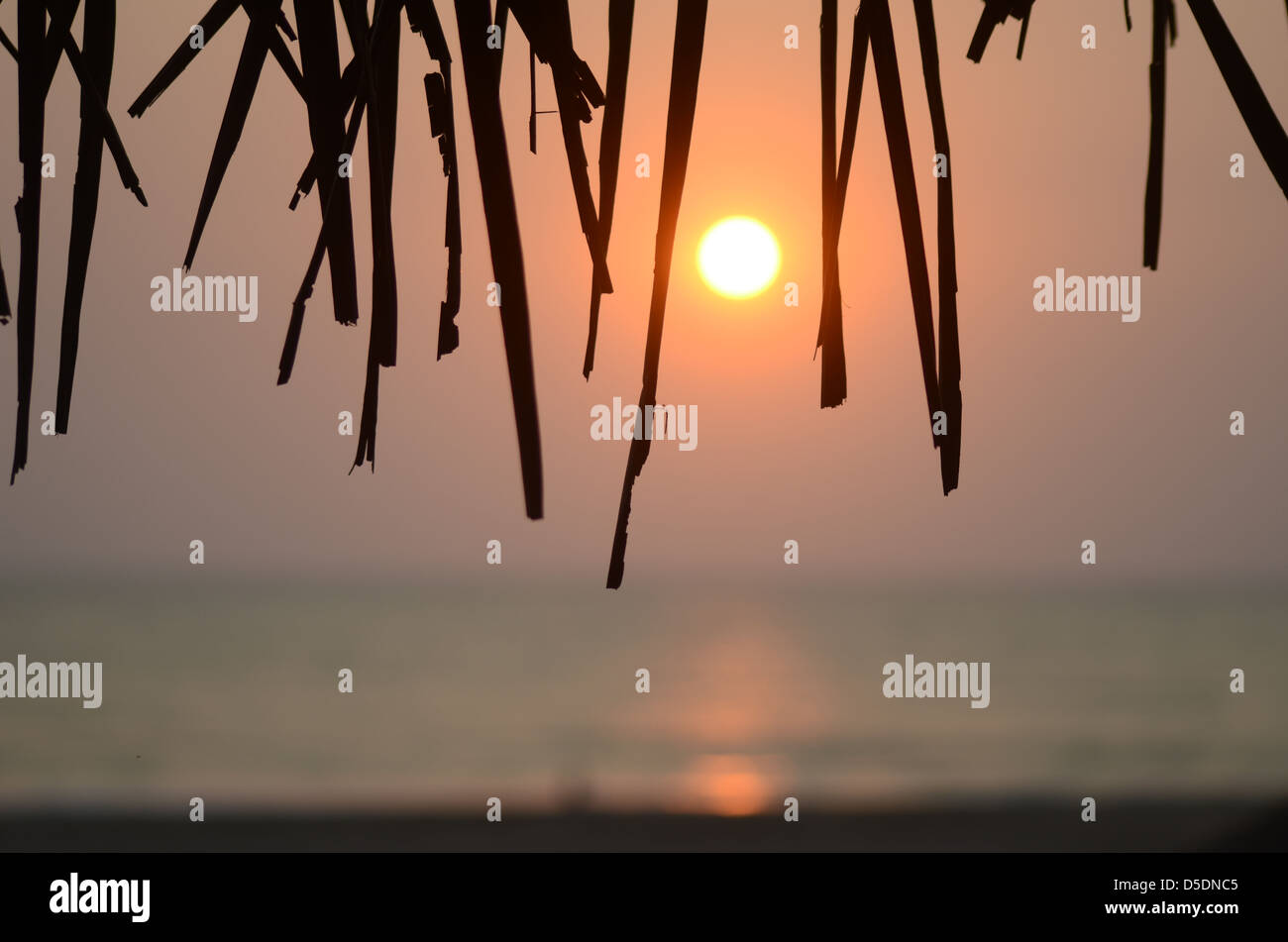 Tramonto sul mare in un altro giorno in paradiso, Goa in India, scontornamento il tetto di una capanna sulla spiaggia Foto Stock