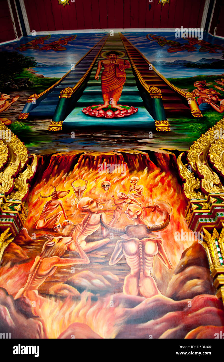 Arte pubblica opera di Buddha e inferno dal tempio in Thailandia Foto Stock