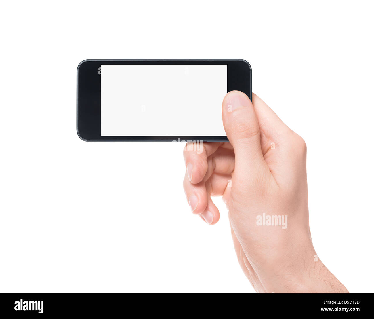Mano azienda mobile smartphone con schermo vuoto. Mobile il concetto di fotografia. Isolato su bianco. Foto Stock