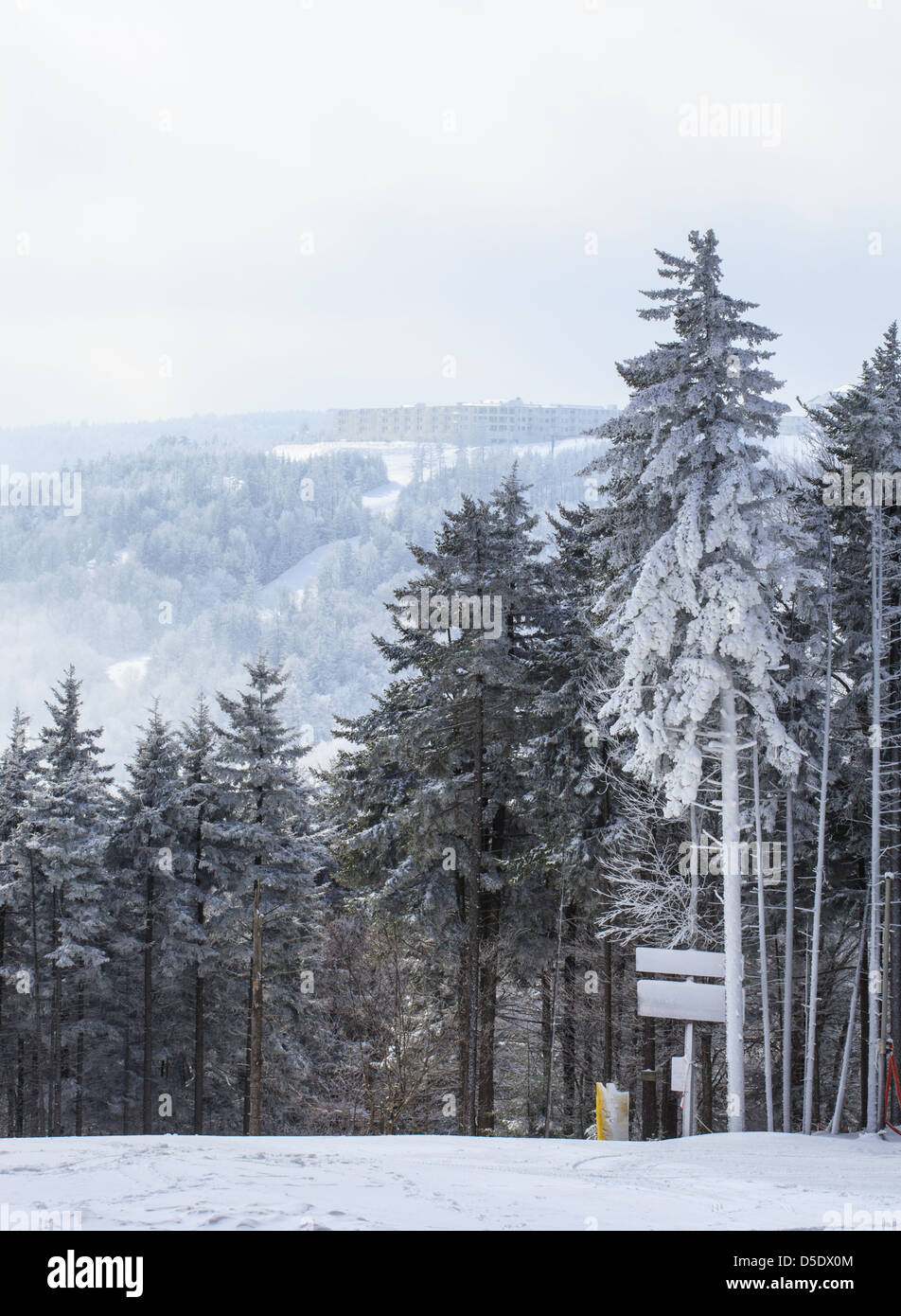 Una pista da sci al resort con racchette da neve con la montagna dietro. Escursioni con le racchette da neve, WV Foto Stock