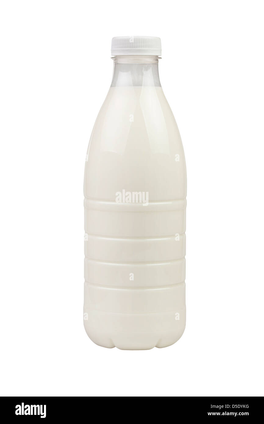 Bottiglia di latte di plastica su sfondo bianco Foto Stock