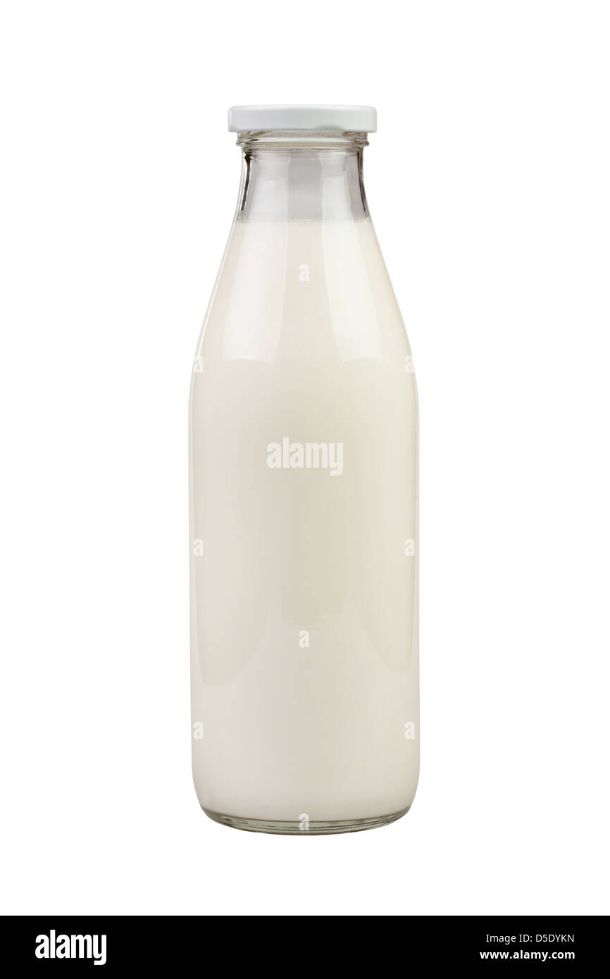 Bottiglia di latte vetro su sfondo bianco Foto Stock