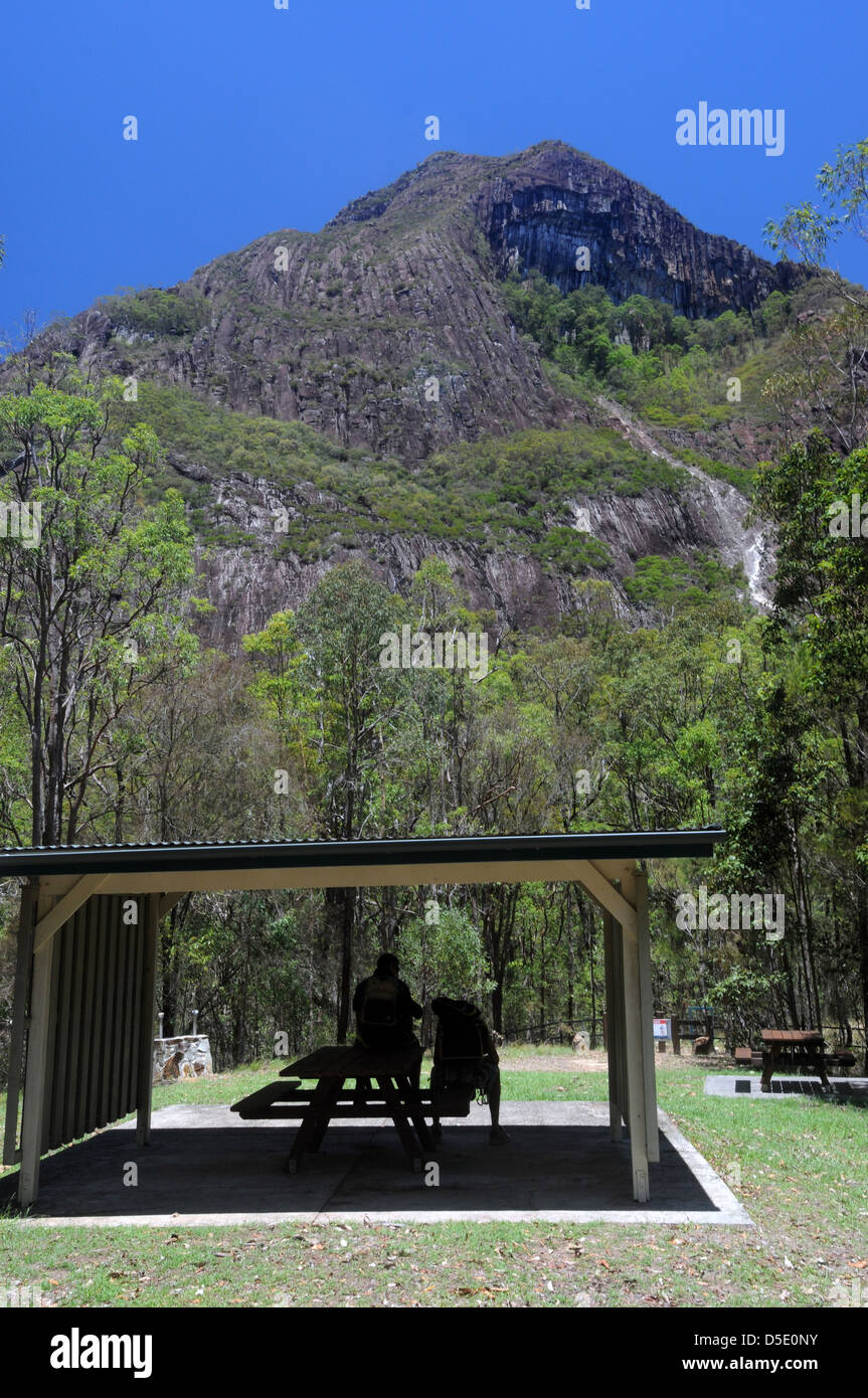 Gli escursionisti in appoggio all'ombra sotto Mt Beerwah, Glasshouse Mountains National Park, Queensland, Australia. No signor Foto Stock