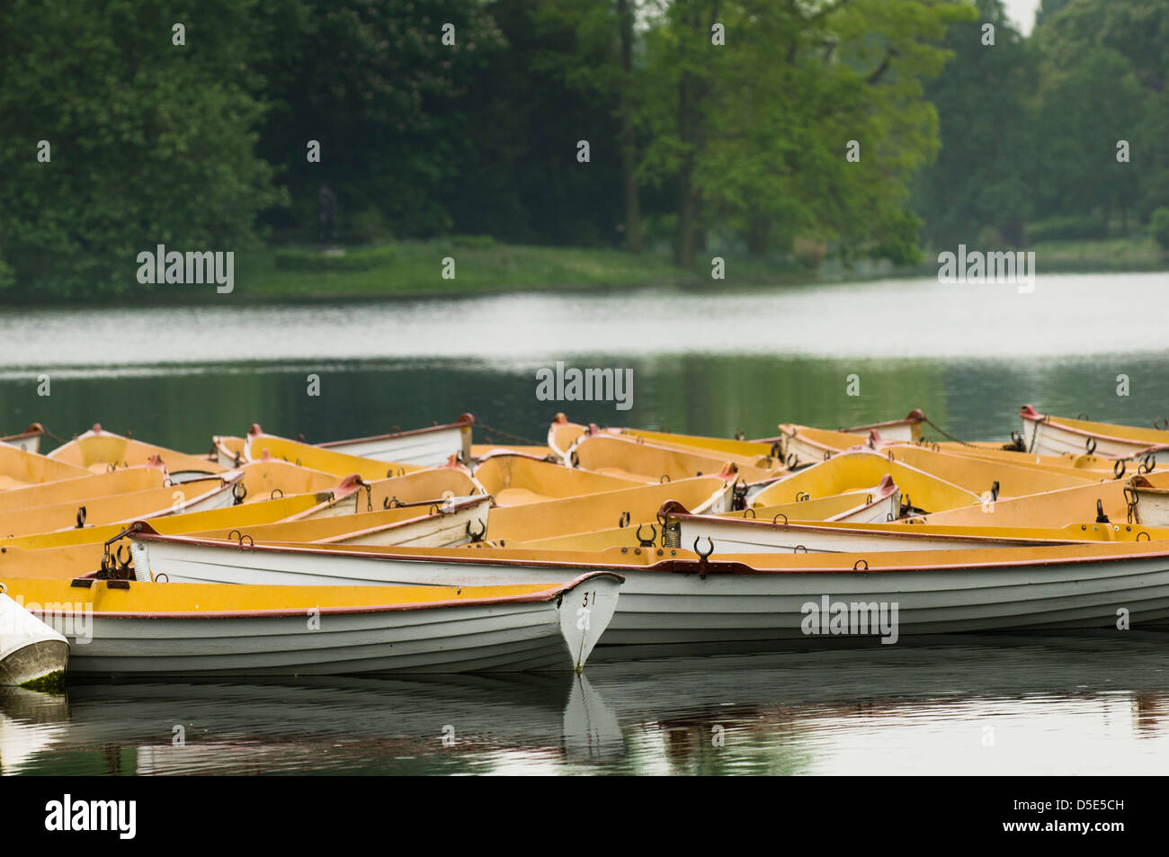 Imbarcazioni a remi su un lago del parco di Bois de Boulogne, Parigi, Francia Foto Stock