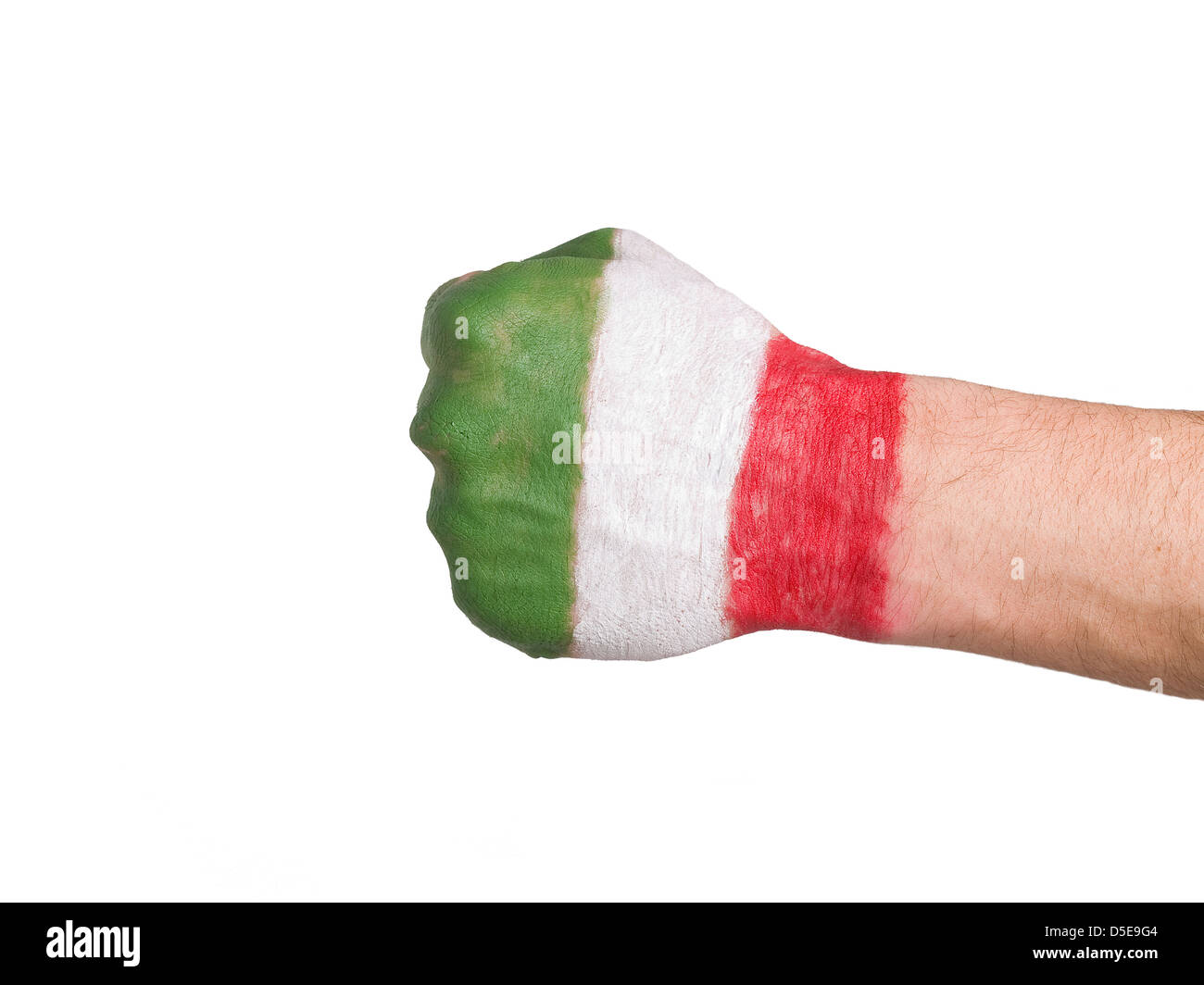 Pugno con bandiera italiana dipinta su sfondo bianco Foto Stock