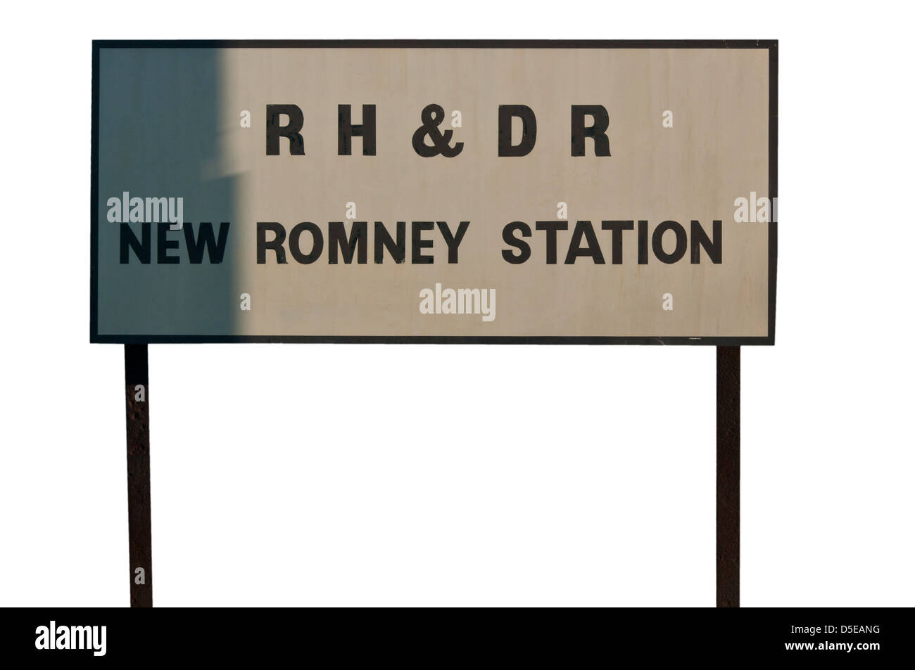 Nuova stazione di Romney segno del Romney Hythe e Dymchurch Railway Kent REGNO UNITO Foto Stock