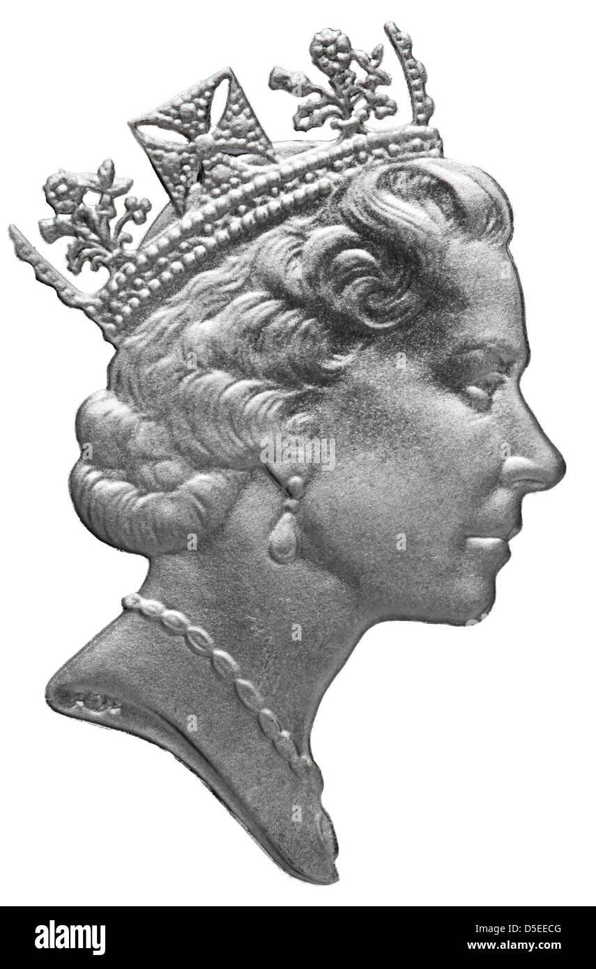 Ritratto della regina Elizabeth II da 1 libbra di moneta, UK, 1990, su sfondo bianco Foto Stock