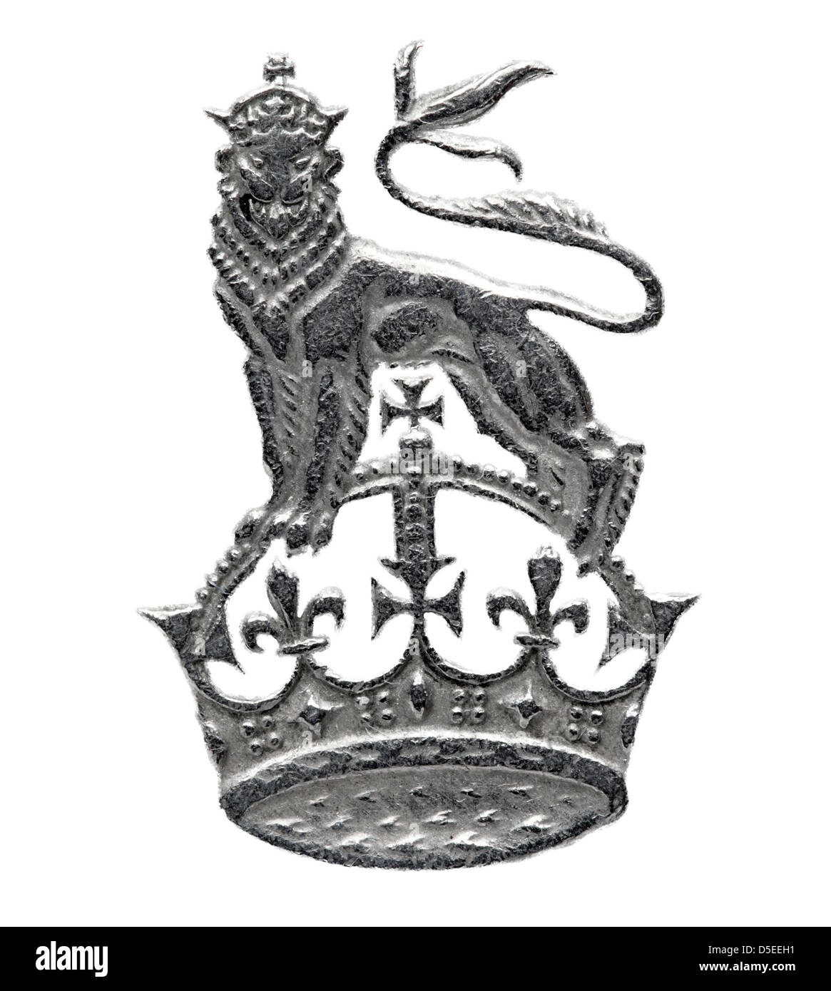 Lion permanente sulla corona da 1 scellino coin, UK, 1950, su sfondo bianco Foto Stock