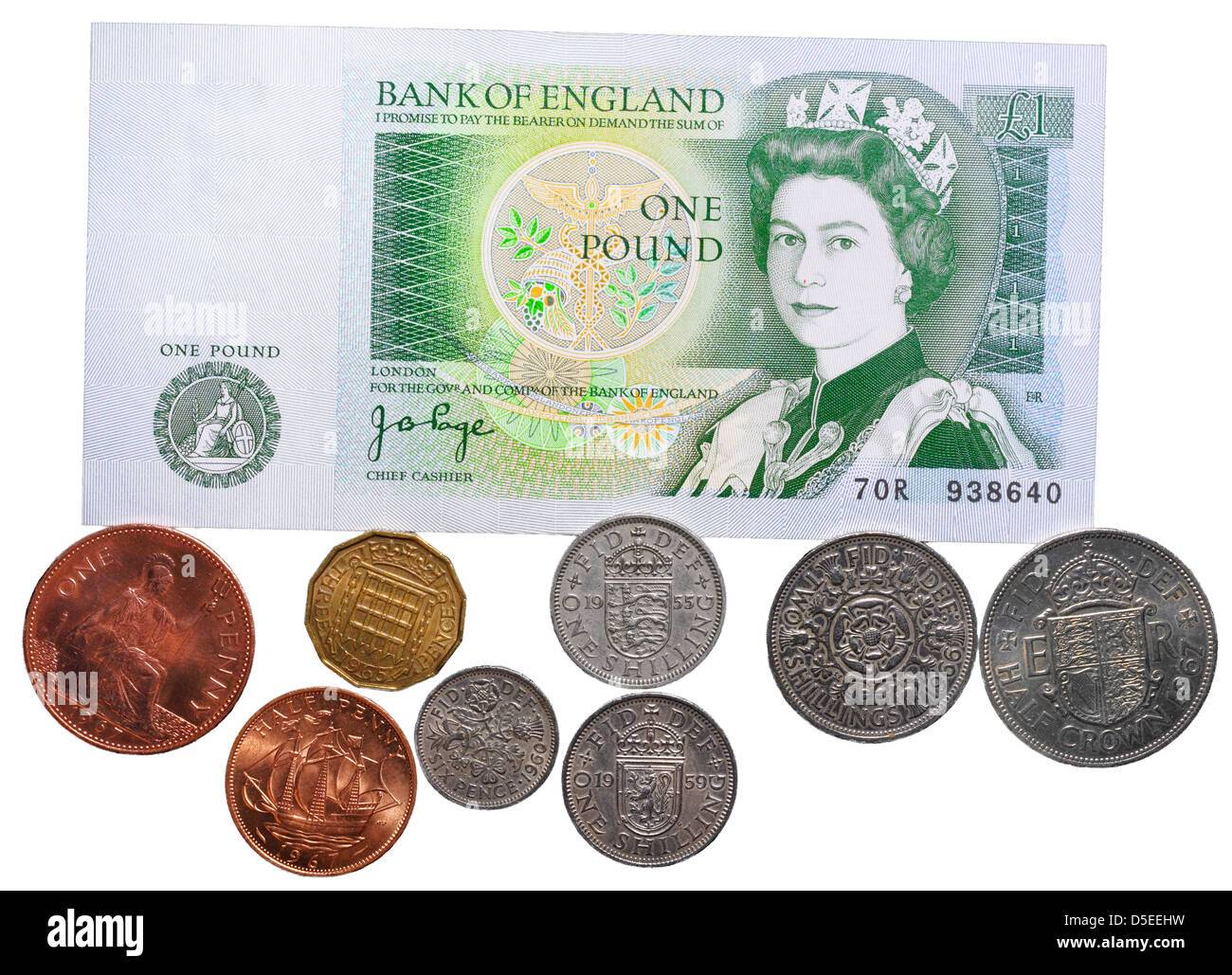 British pre monete decimali e 1 libbra di banconota, UK, su sfondo bianco Foto Stock