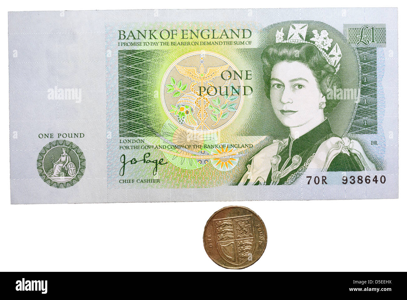 1 libbra di banconota (1978) e sterlina moneta (2010), Regno Unito, su sfondo bianco Foto Stock