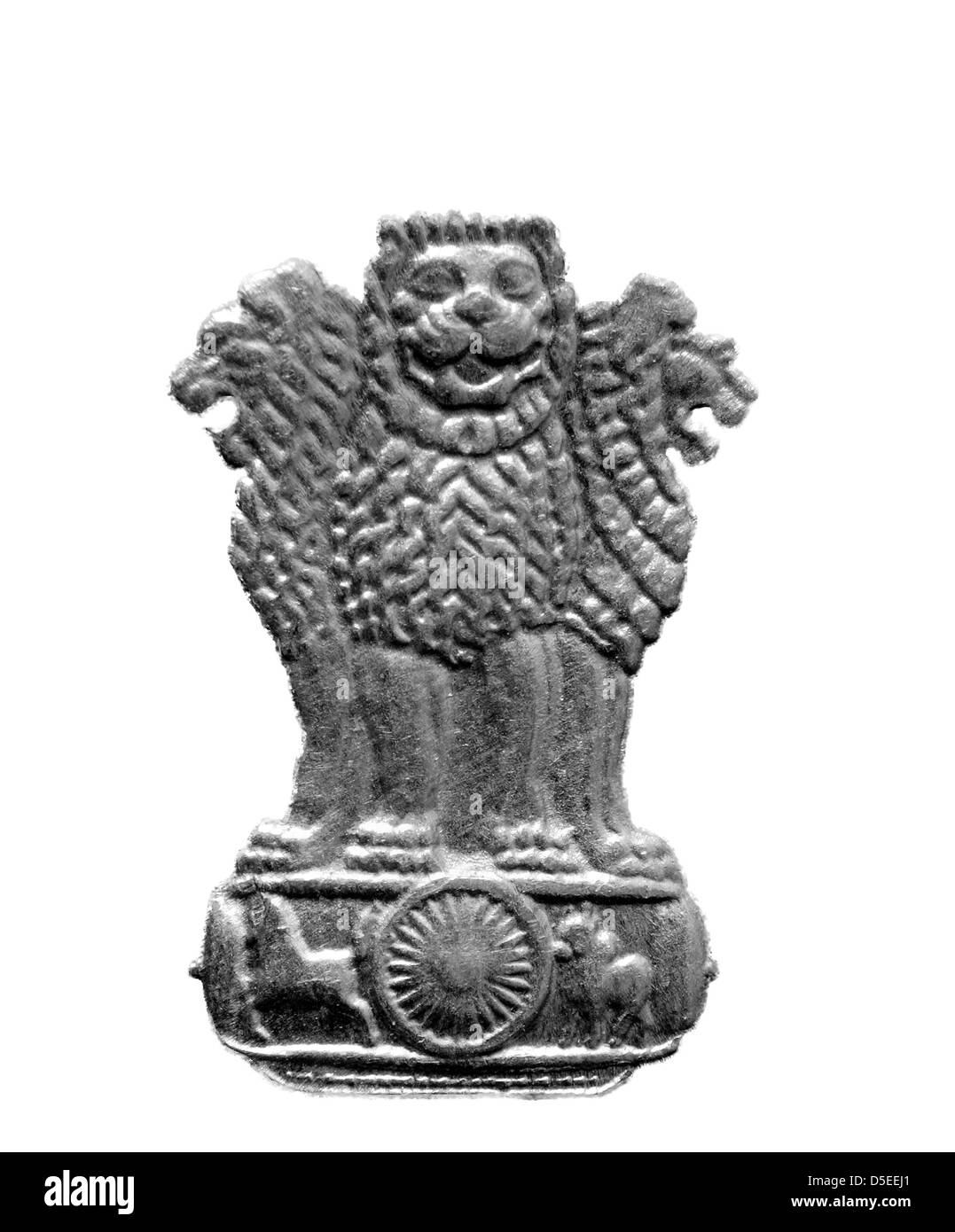 Asoka lion dal 10 Paise coin, India, 1985, su sfondo bianco Foto Stock