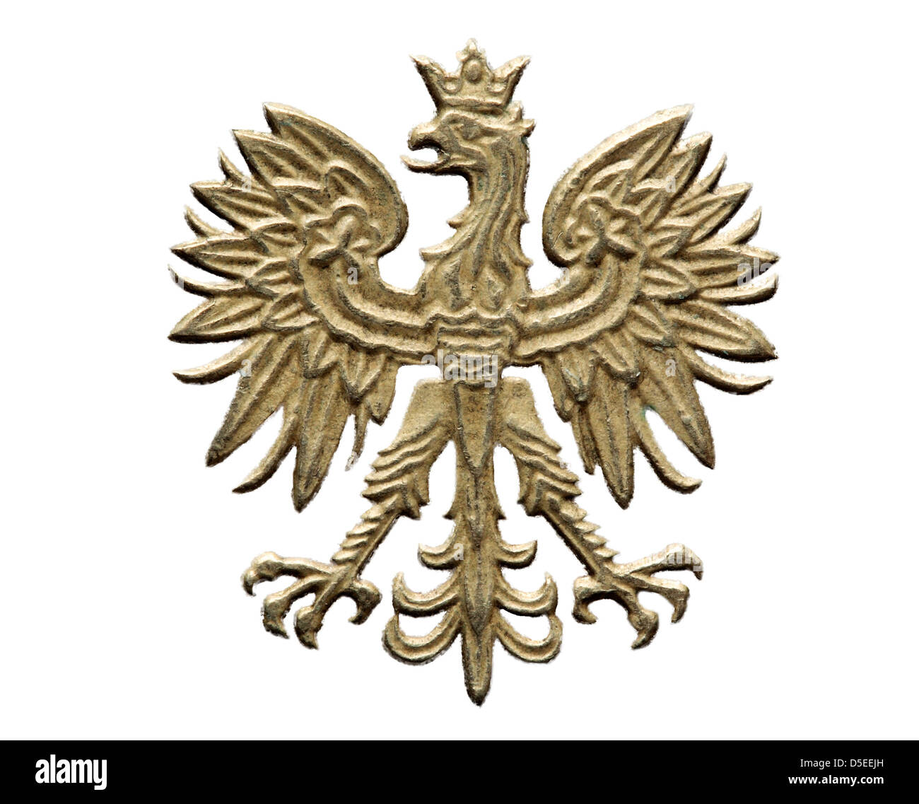 Il polacco stemma, eagle da 5 Zloti coin, Polonia, 1994, su sfondo bianco Foto Stock