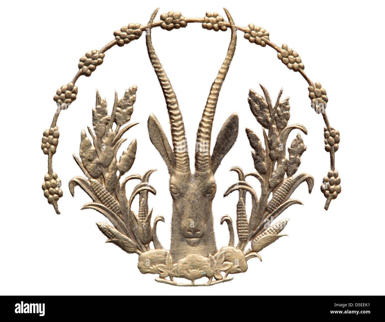 Gazelle testa da 10 franchi coin, Stati dell'Africa Occidentale, 1975, su sfondo bianco Foto Stock