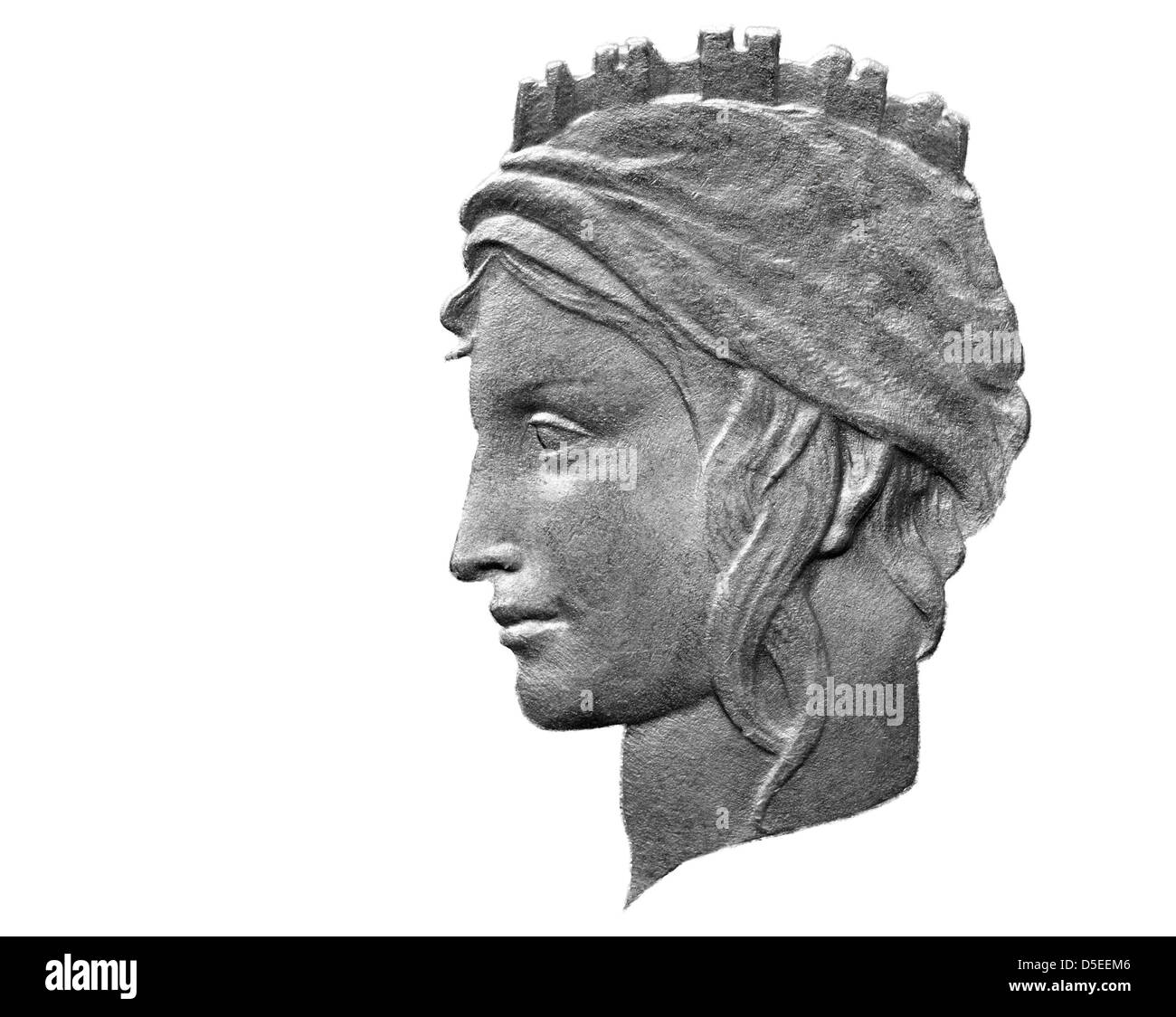 Donna faccia da 100 Lire moneta, Italia, 1996, su sfondo bianco Foto Stock