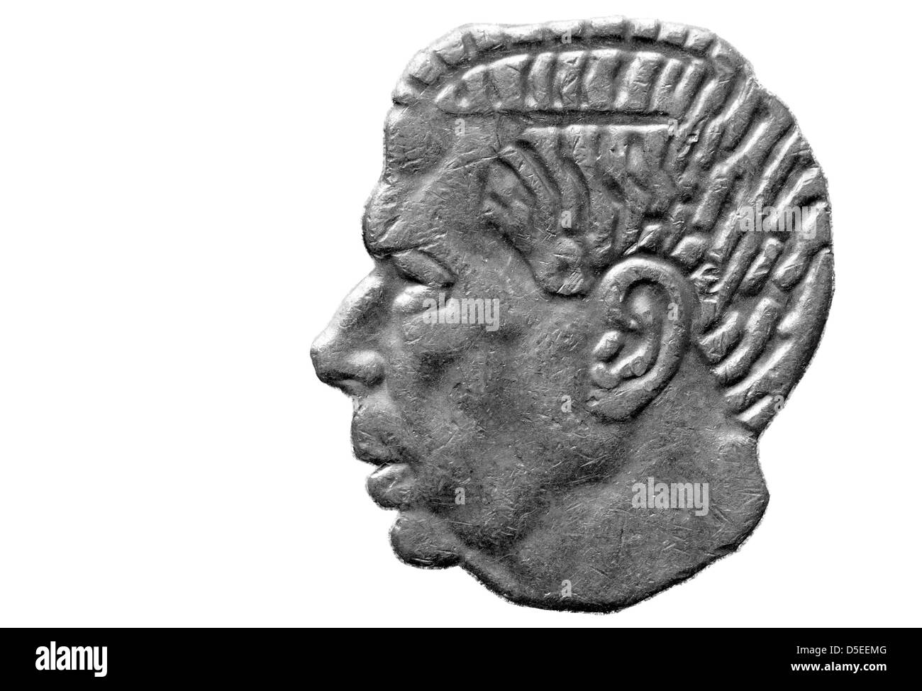 Ritratto del Re Carl XVI Gustaf da 1 Krona coin, Svezia, 1973, su sfondo bianco Foto Stock