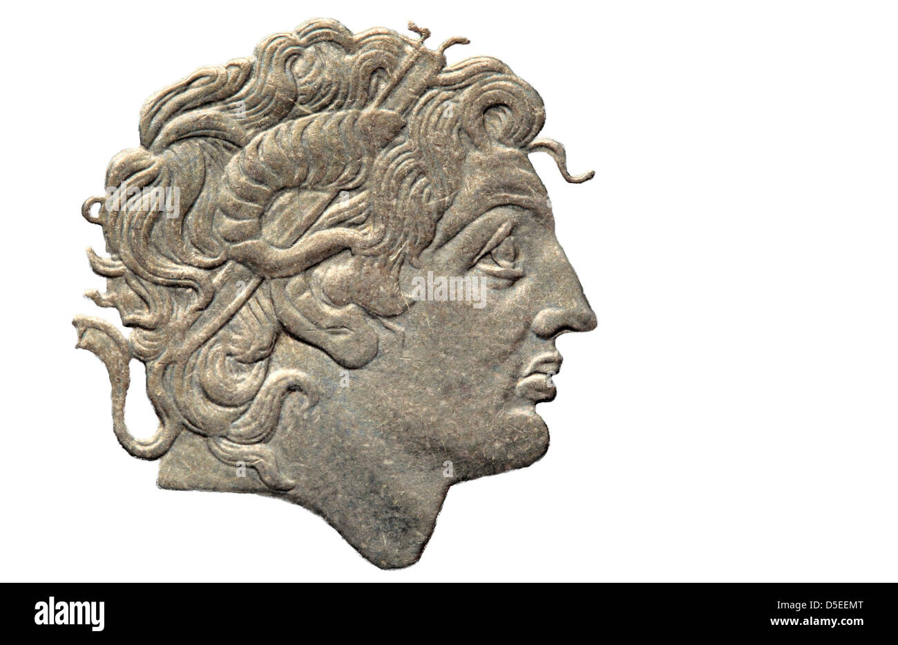 Ritratto di Alessandro il Grande da 100 Drachmes coin, Grecia, 1994, su sfondo bianco Foto Stock