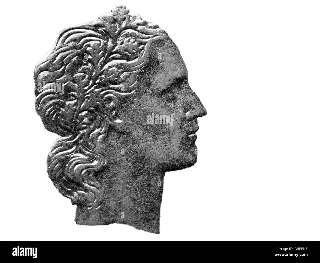 Donna faccia da 50 Lire moneta, Italia, 1956, su sfondo bianco Foto Stock