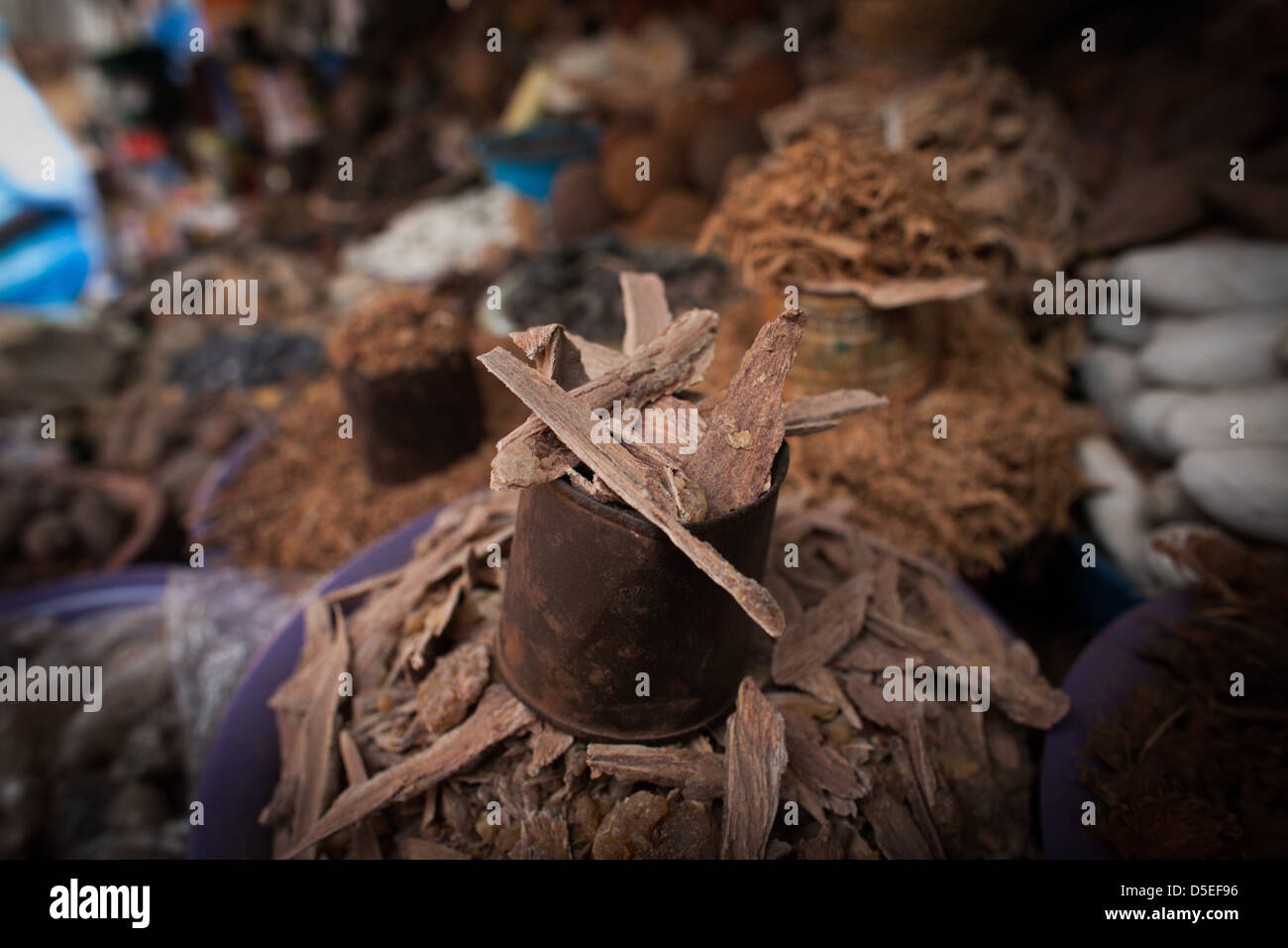 Diversi medicinali tradizionali, tra cui corteccia di albero, nel mercato del legname, Accra, Ghana. Foto Stock