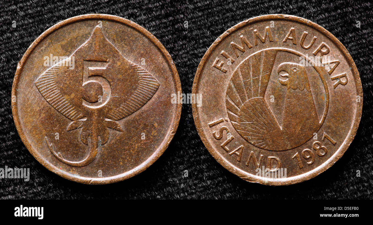 5 Aurar coin, Islanda, 1981 Foto Stock