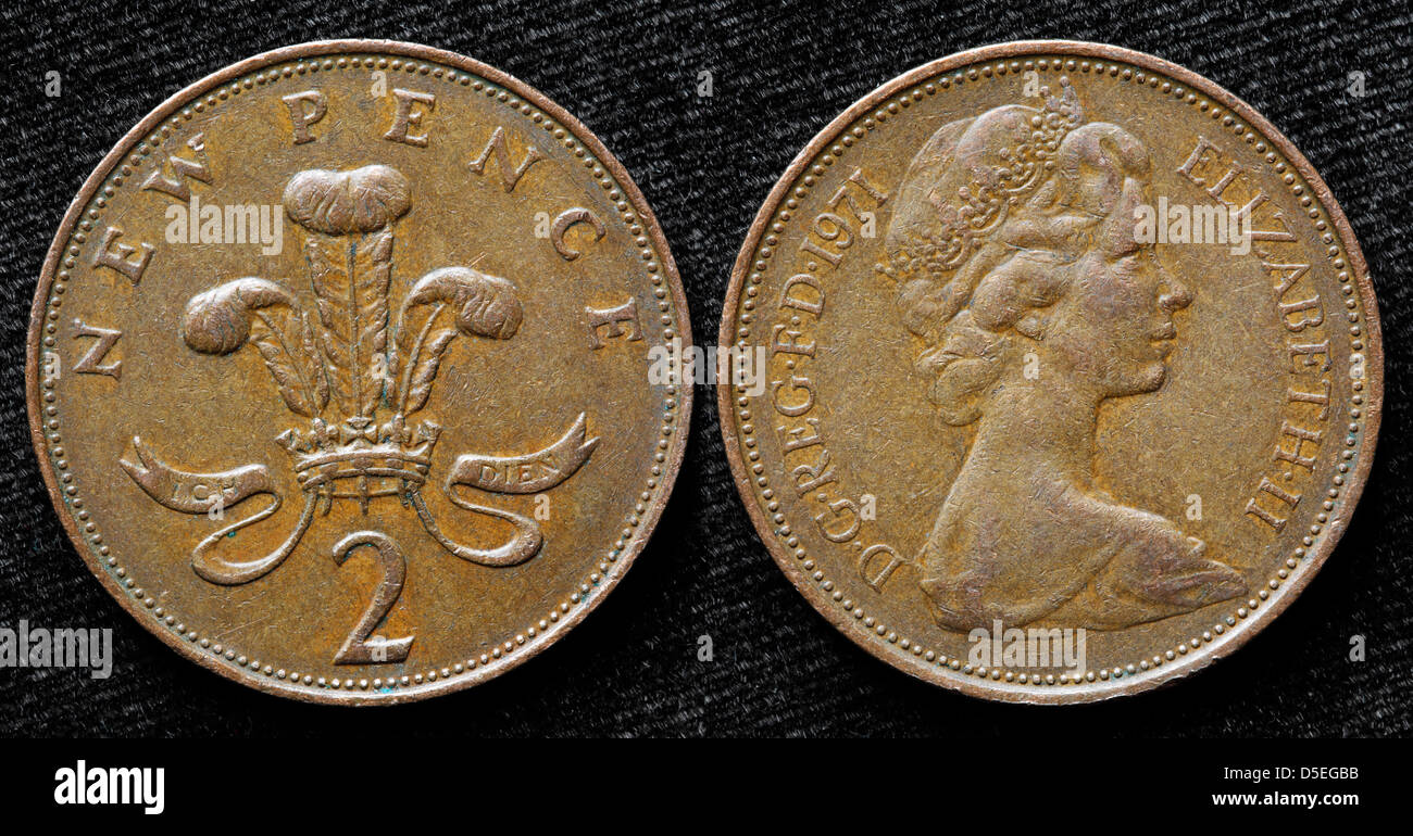 2 pence coin, UK, 1971 Foto Stock