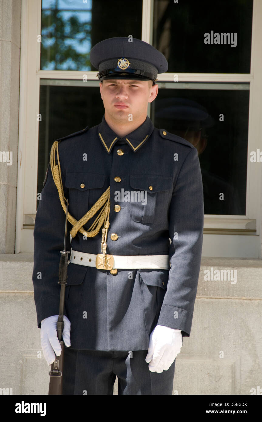 Una sentry estone che custodisce l'ingresso principale della residenza ufficiale del Presidente della Repubblica di Estonia, il palazzo del presidente a Kadriorg Foto Stock