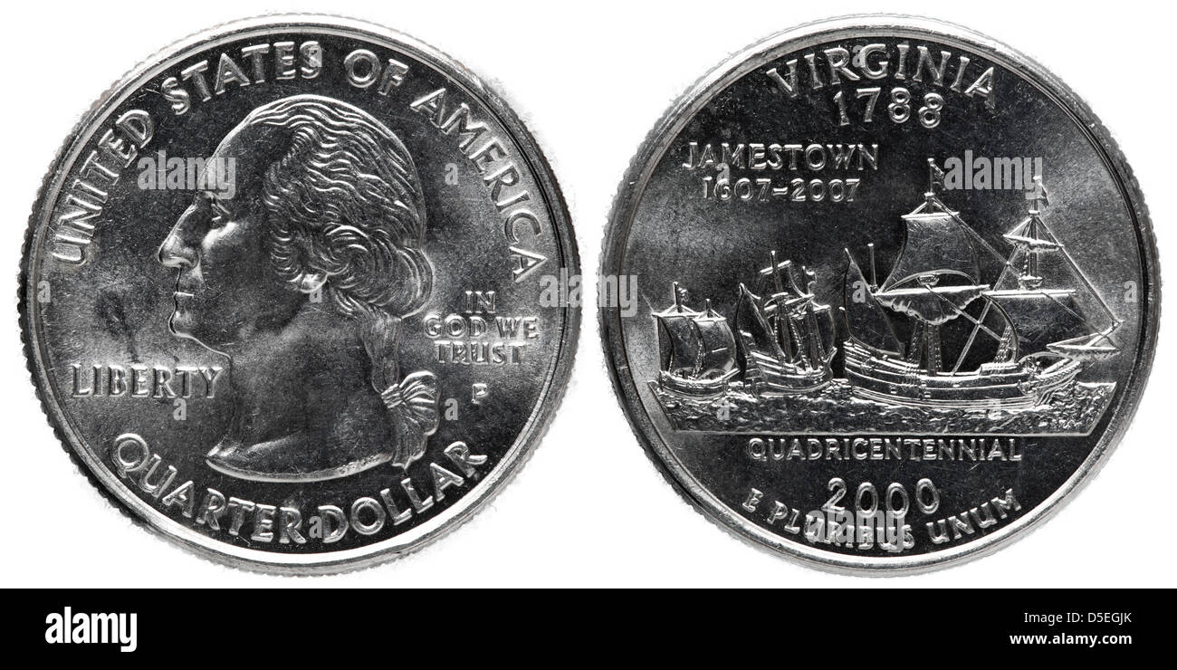 Quarto di Dollaro moneta, Virginia, USA, 2000, su sfondo bianco Foto Stock