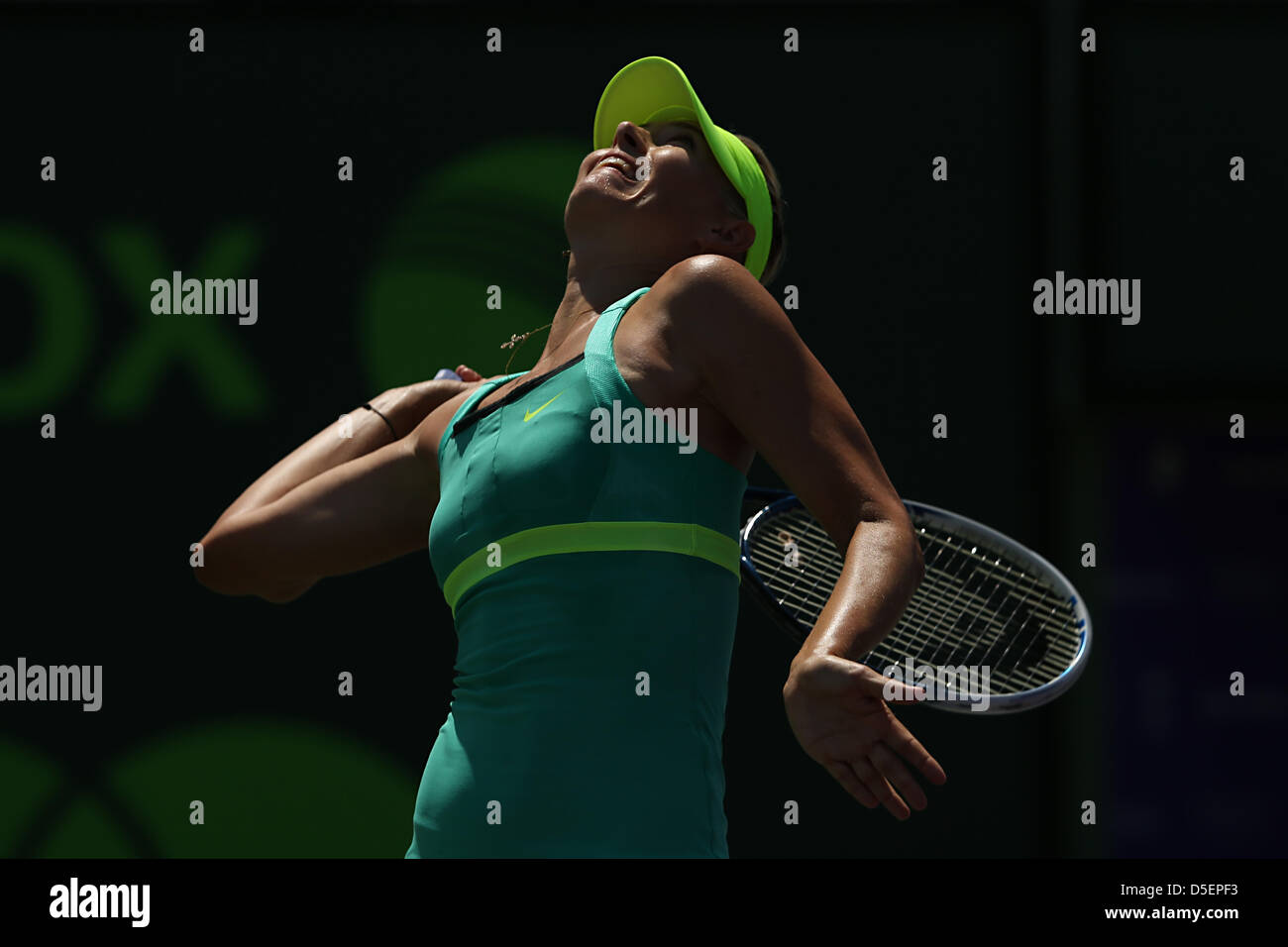 Miami, FL - Maria Sharapova della Russia in azione durante il giorno 13 il campionato delle donne di confronto il Sony Open 2013. Credito: Mauricio Piaz/Alamy Live News Foto Stock