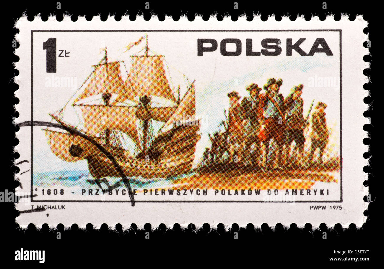 Francobollo dalla Polonia raffigurante il primo poli che arrivano nel nuovo mondo via nave 'Mary e Margaret'. Foto Stock