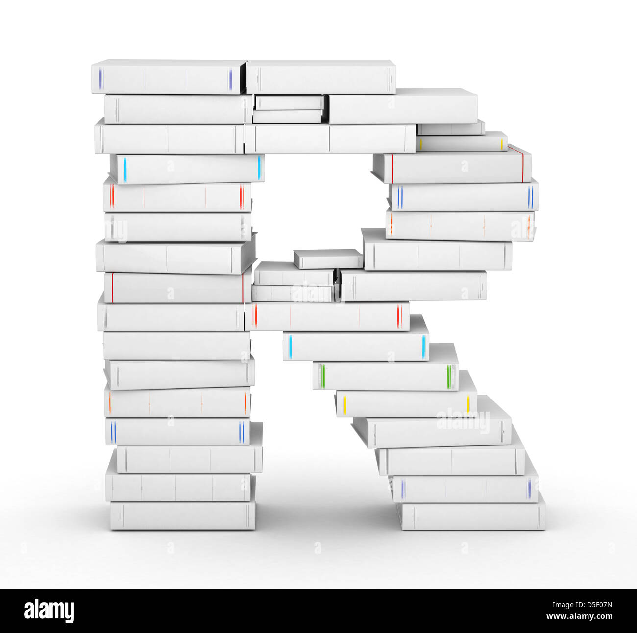 La lettera R, impilati da molti titolo vuoto libri nella colonna Foto Stock