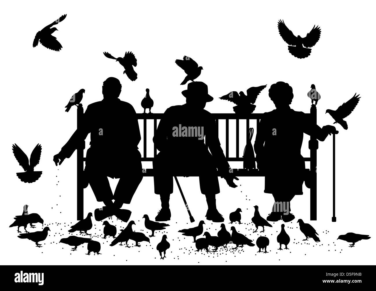 Illustrate i contorni di tre anziani su una panchina del parco piccioni di alimentazione Foto Stock