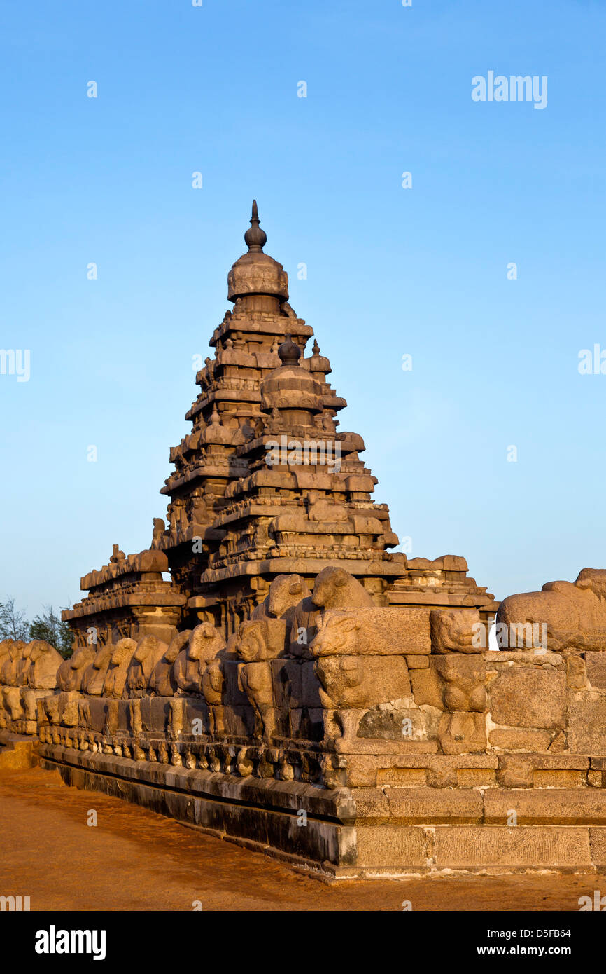 Antico tempio Shore a Mahabalipuram e Kanchipuram District, Tamil Nadu, India Foto Stock