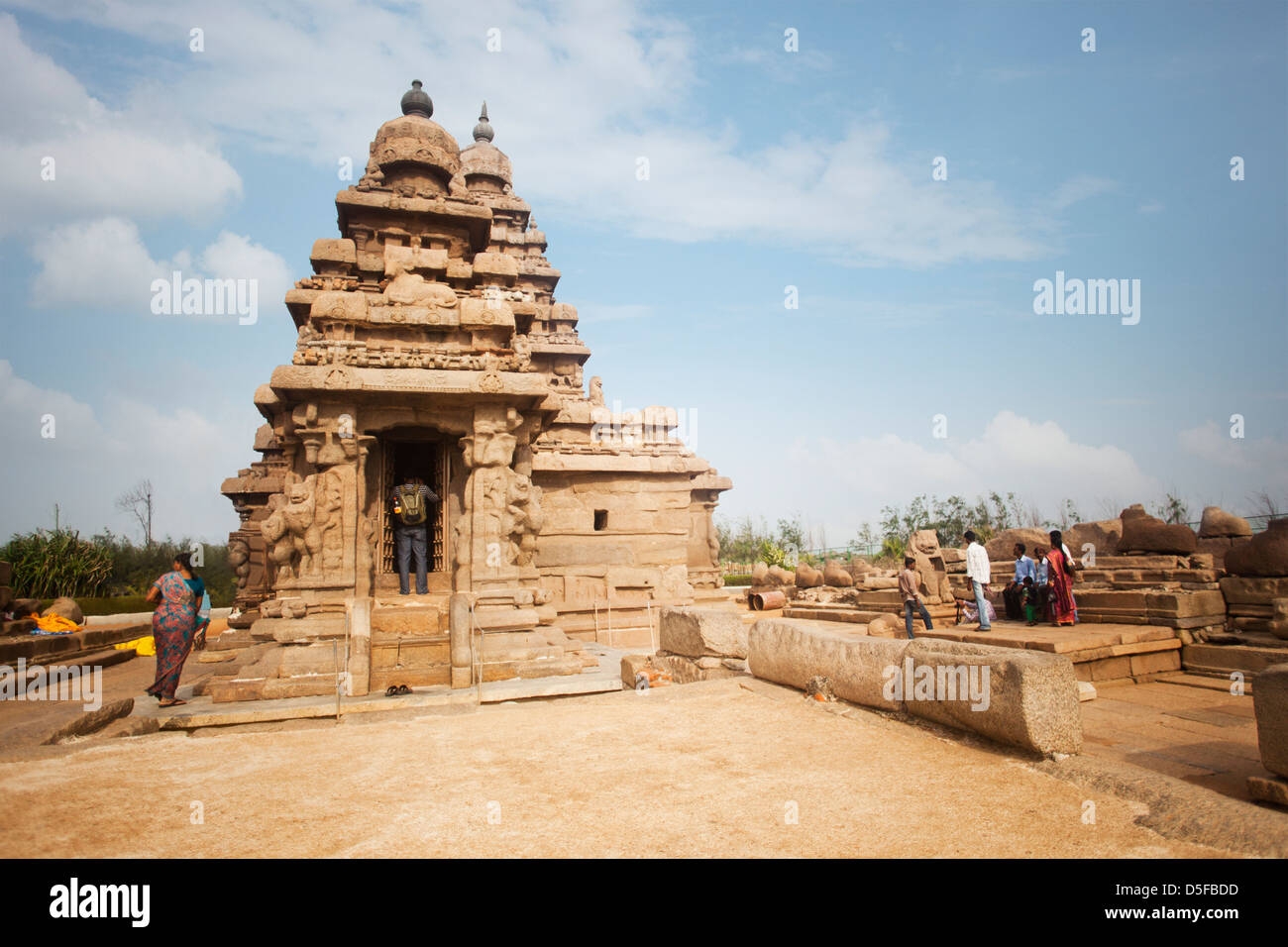 Antico tempio Shore a Mahabalipuram e Kanchipuram District, Tamil Nadu, India Foto Stock