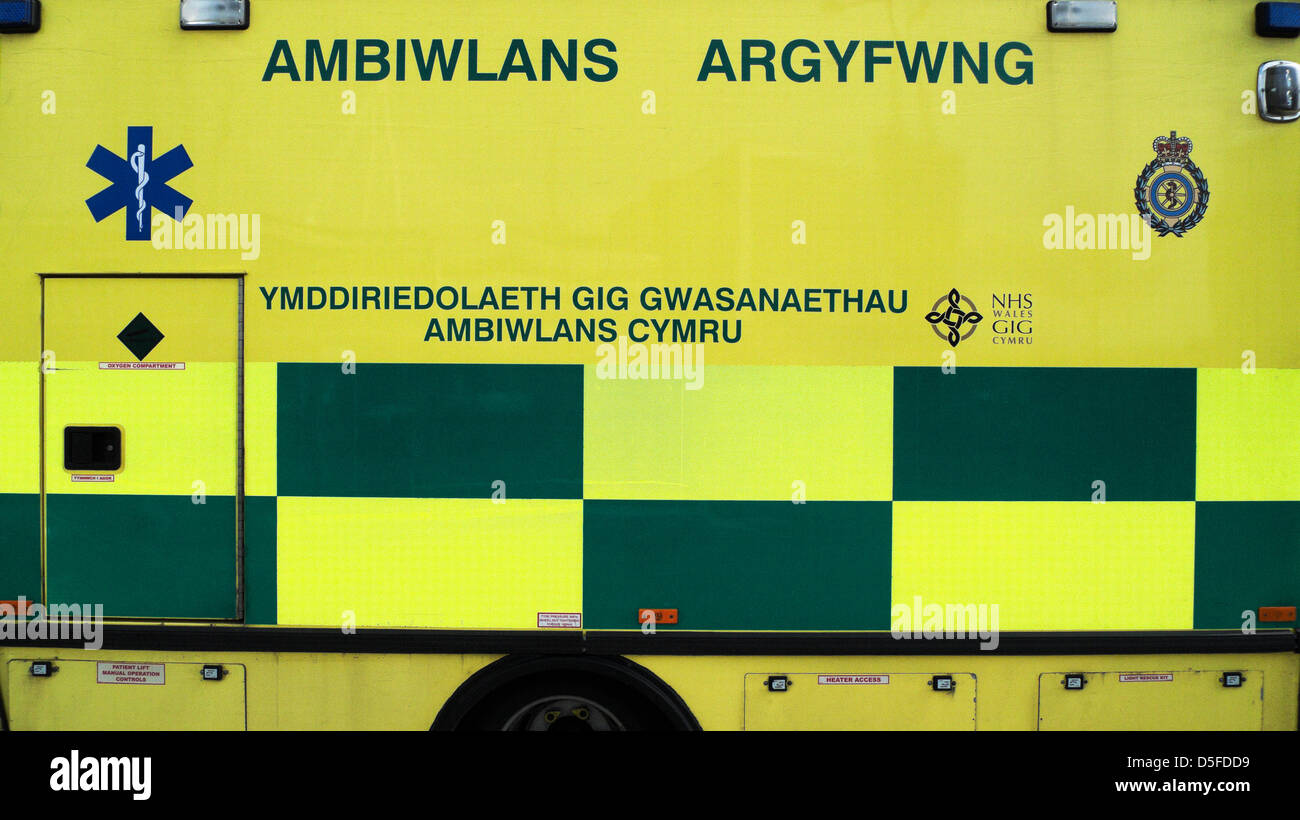Welsh NHS segno di ambulanza e il logo in lingua gallese Ambiwlans Cardiff Foto Stock