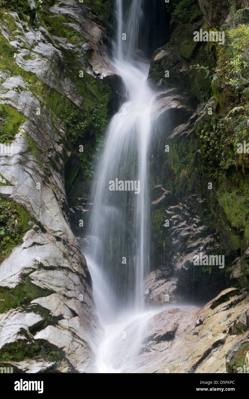 Primo piano della cascata sulla costa ovest, South Island, in Nuova Zelanda. Dorothy cade, Lago Kaniere, Foto Stock
