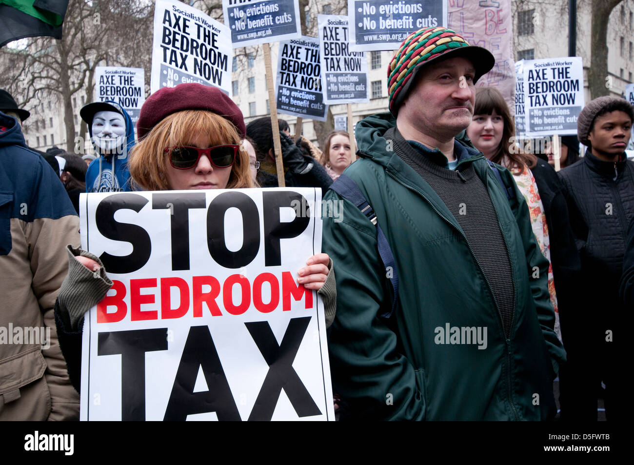 La dimostrazione nel centro di Londra contro i tagli alle prestazioni sociali e il controverso camera da letto fiscali ( un taglio ai benefici di alloggiamento Foto Stock