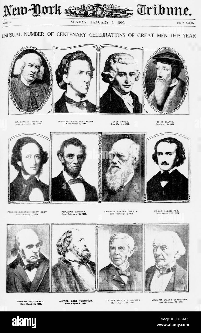 Il New York Tribune riferisce sull'insolito numero di celebrazioni per il centenario nel 1909 per figure come Abraham Lincoln, Charles Darwin e Edgar Allan PoE. L'articolo mette in evidenza i contributi di queste persone influenti alla storia. Foto Stock
