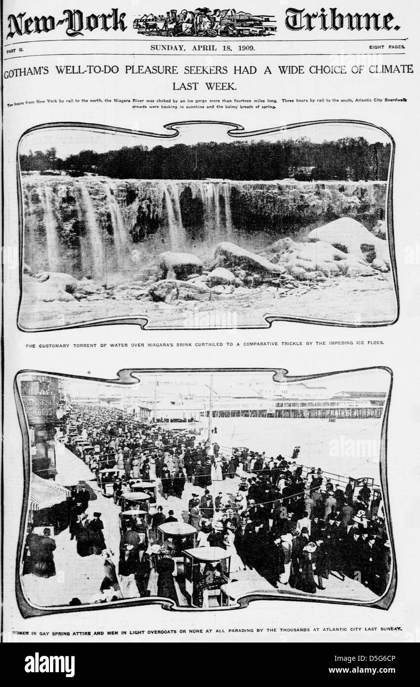 Nel 1909, i ricchi residenti di Gotham avevano diverse opzioni climatiche, con alcuni che visitavano Atlantic City e altri che si dirigevano verso le cascate del Niagara per svago. L'articolo del New York Tribune riflette le varie scelte disponibili durante quella settimana. Foto Stock