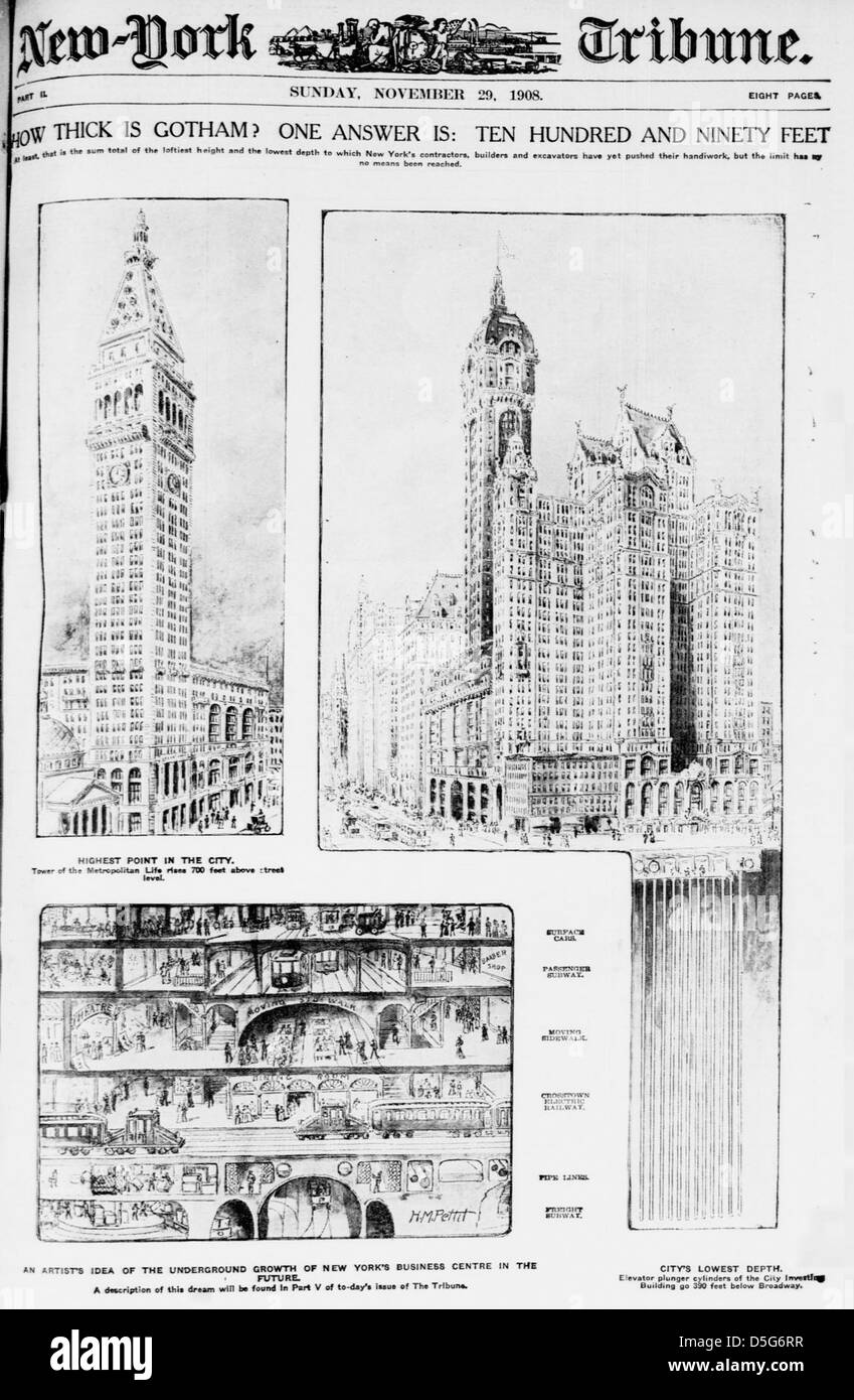 Un'illustrazione del 1908 del New York Tribune offre una prospettiva sull'altezza degli edifici di Gotham, evidenziando in particolare la City Investing Tower e la Metropolitan Life Tower come grattacieli di spicco a New York City. Foto Stock