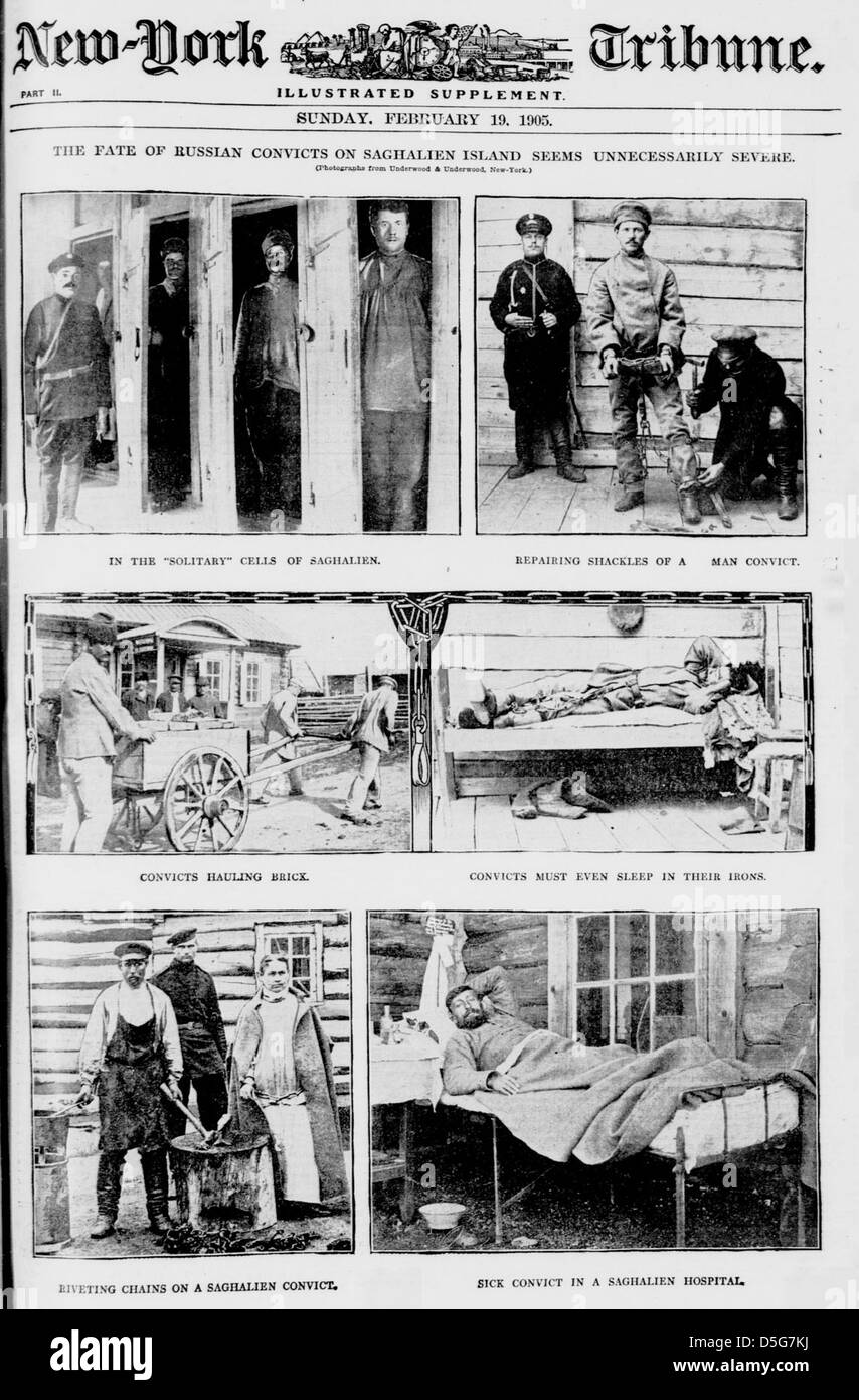 Questa immagine storica e questo articolo discutono le dure condizioni cui sono confrontati i detenuti russi sull'isola di Sachalin, che è stata una famigerata colonia penale. L'immagine fa parte della collezione Library of Congress che documenta la storia russa e i sistemi penali. Foto Stock