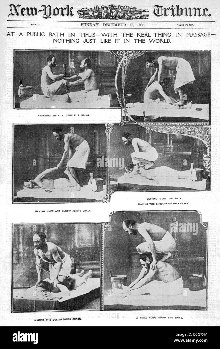 Una foto scattata in un bagno pubblico a Tiflis, che mostra l'esperienza tradizionale dei bagni termali e l'esclusivo servizio di massaggio offerto, un aspetto distintivo della cultura locale in Georgia durante l'inizio del XX secolo. Foto Stock