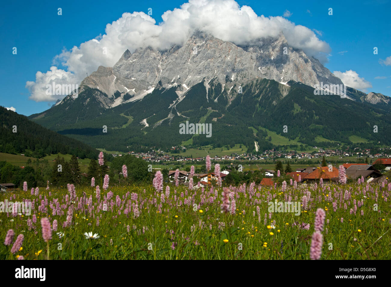Cumulus nubi appeso sopra le montagne del Wetterstein, Ehrwald, Tirolo, Austria Foto Stock