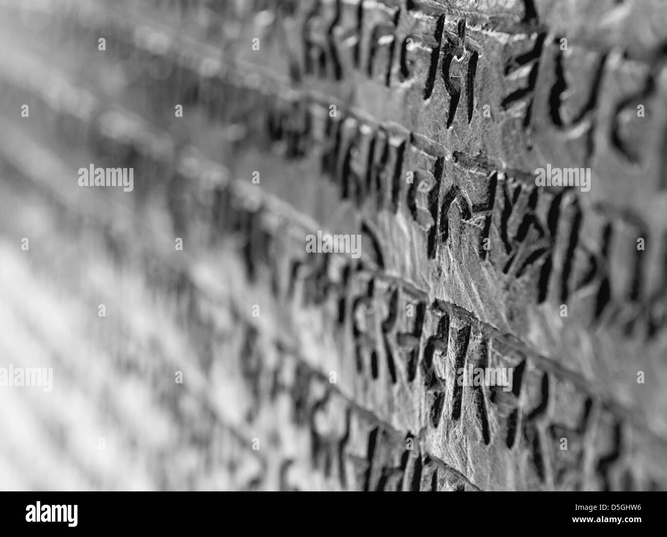 Caratteri di geroglifici indiano in arenaria gialla parete. Messa a fuoco selettiva. Foto Stock
